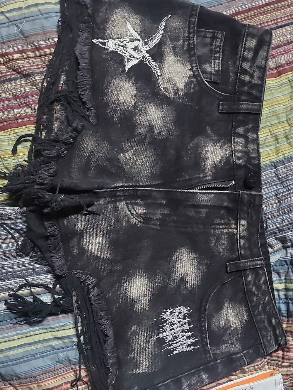 Black Distressed Fringe Denim Shorts with Skull Graphic